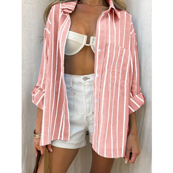 Redwood Pink Shirt White Stripes Button Down Long Sleeve - Picture 2 of 5